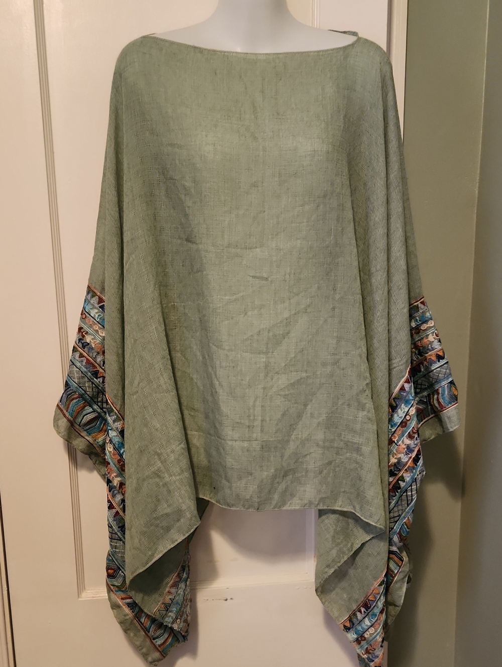 Light Sage Poncho with Geometric Trim